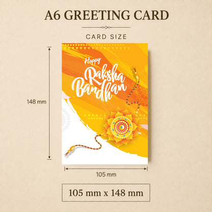 A6 portrait Raksha Bandhan greeting card size guide showing 105 mm x 148 mm