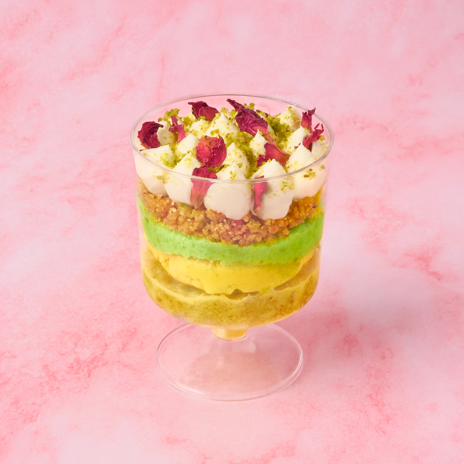Individual rasmalai pistachio trifle cup with clean layered presentation, ideal for parties, weddings and plated dessert service
