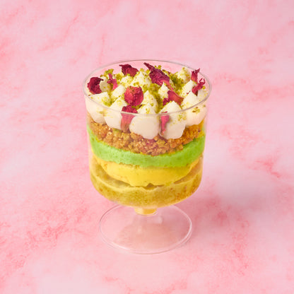 Individual rasmalai pistachio trifle cup with clean layered presentation, ideal for parties, weddings and plated dessert service