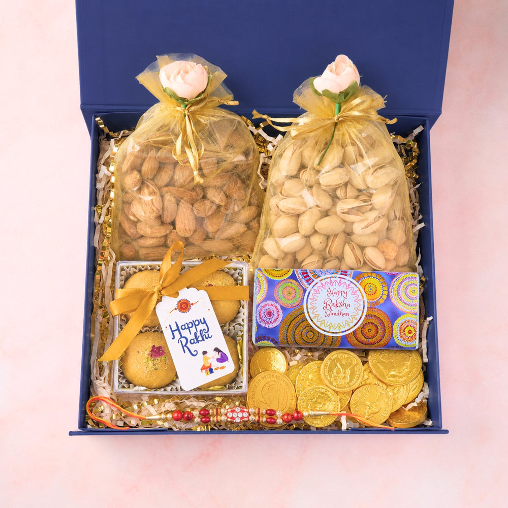 Rakhi gift hamper with Indian sweets and festive extras