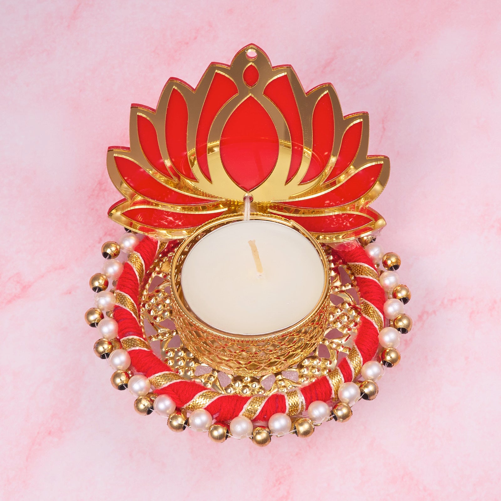 Red lotus tealight holder with gold and pearl decorative details