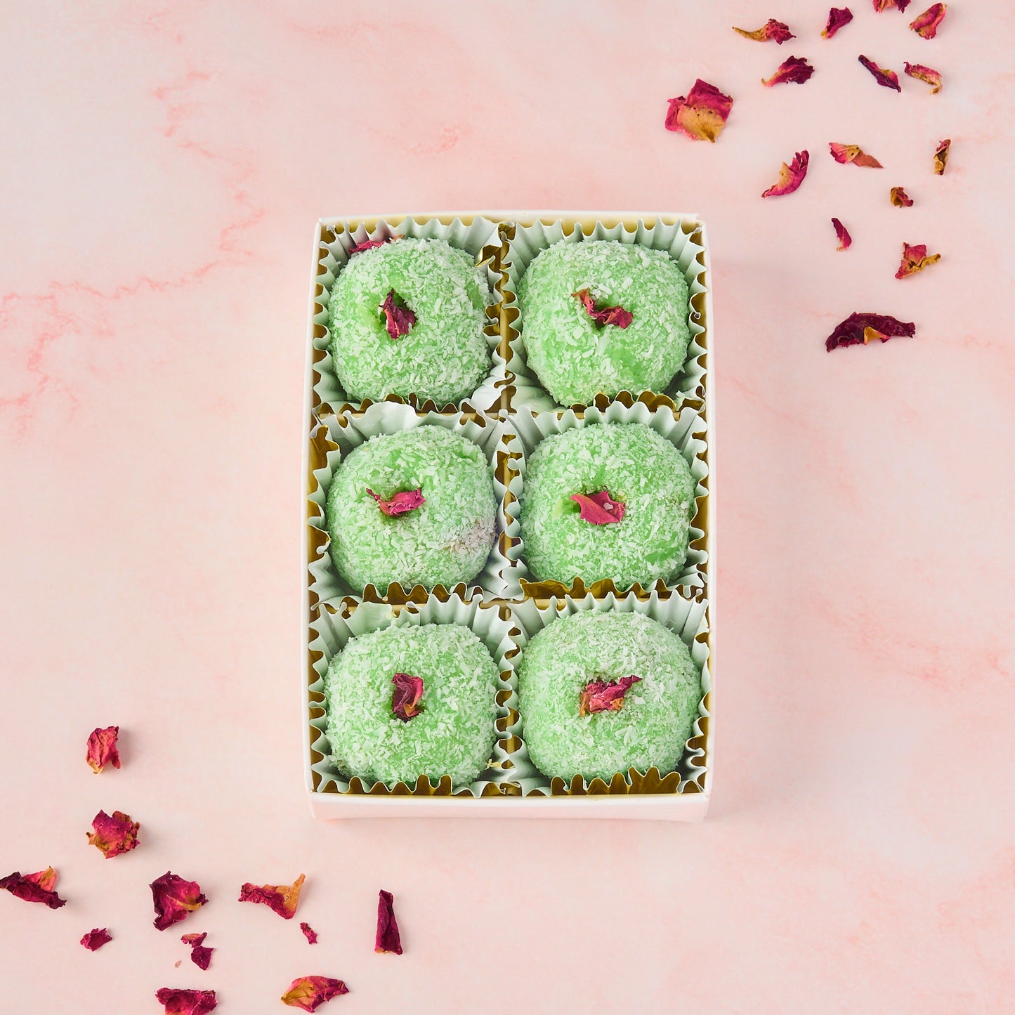 Rose Gulkand Filled Coconut Laddoo 6 piece gift box in Australia with coconut coating, rose petal garnish and nut filling, ready to gift sweet box