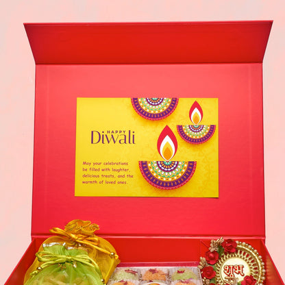 Saugaat Diwali hamper with A5 Diwali card on red keepsake magnetic box lid