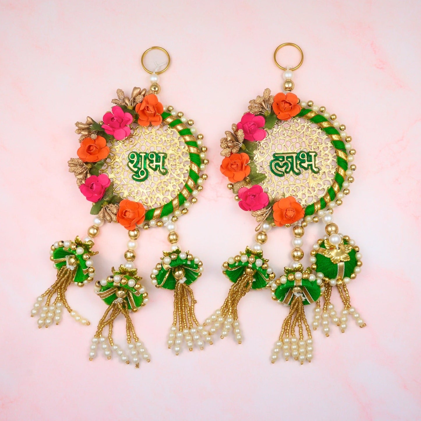 Traditional Shubh Labh wall hanging with flowers and pearl details