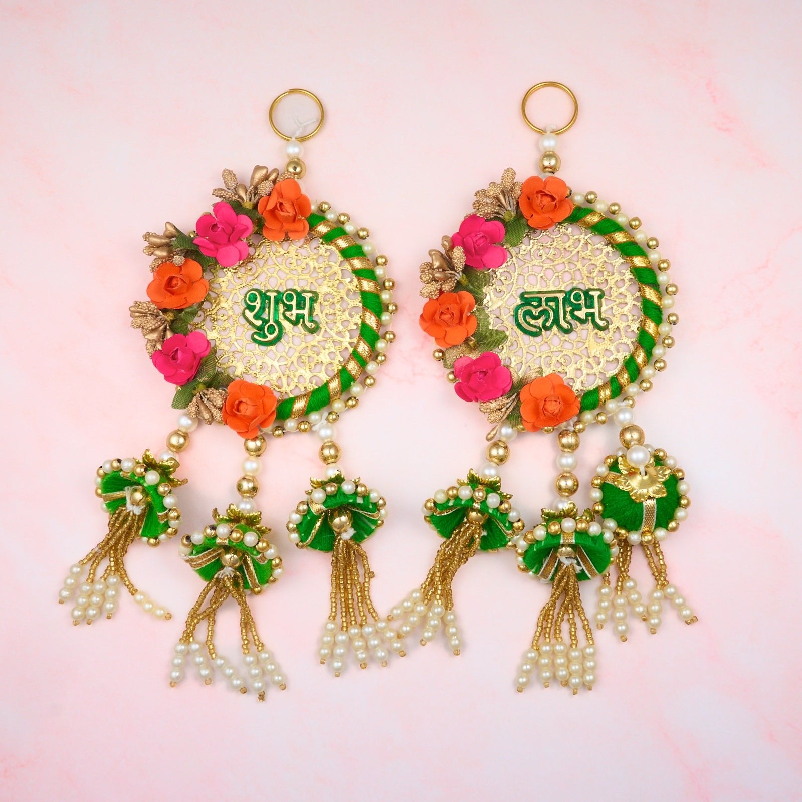 Traditional Shubh Labh wall hanging with flowers and pearl details