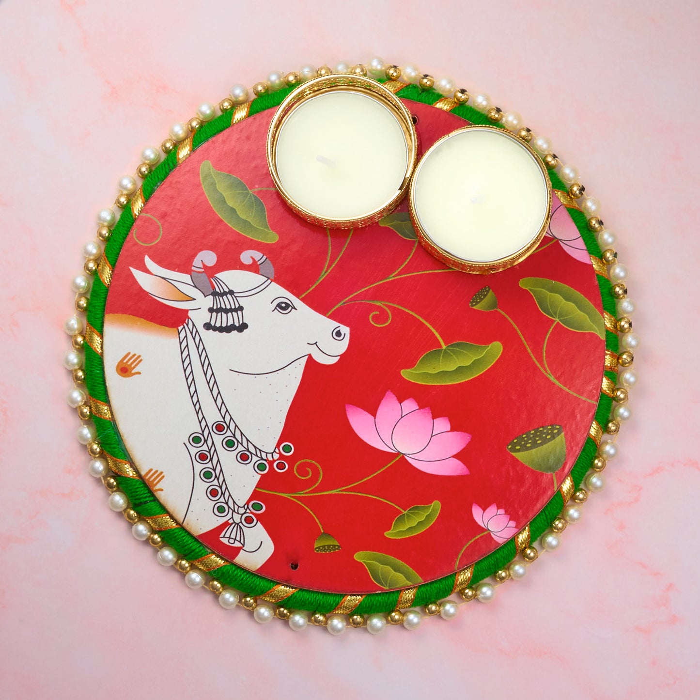 Large traditional Diwali tealight holder with two tealights and decorative pearl border