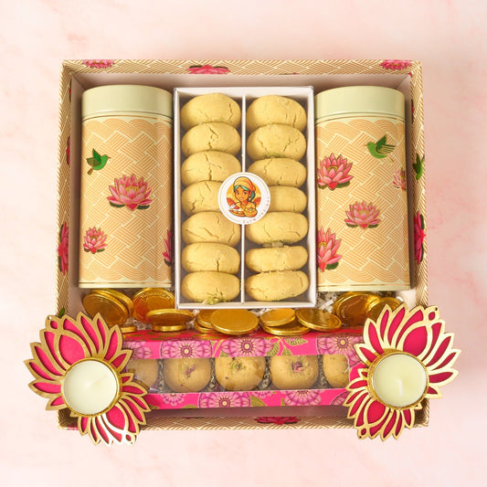 Uphaar premium Indian sweets gift tray with besan laddoos, nankhatai, roasted nuts and lotus diyas