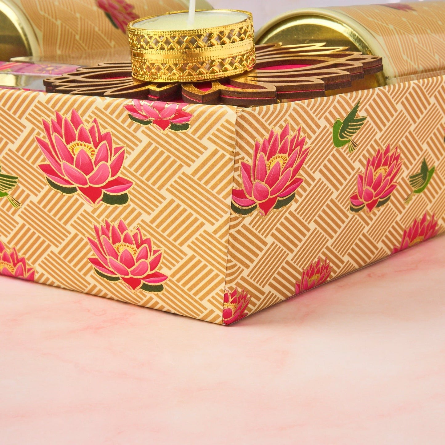 Reusable Indian sweets gift tray with lotus motifs for Uphaar hamper presentation