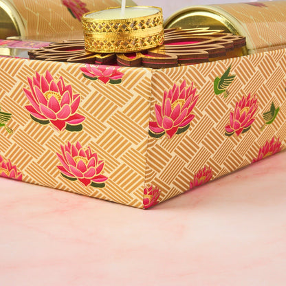 Reusable Indian sweets gift tray with lotus motifs for Uphaar hamper presentation