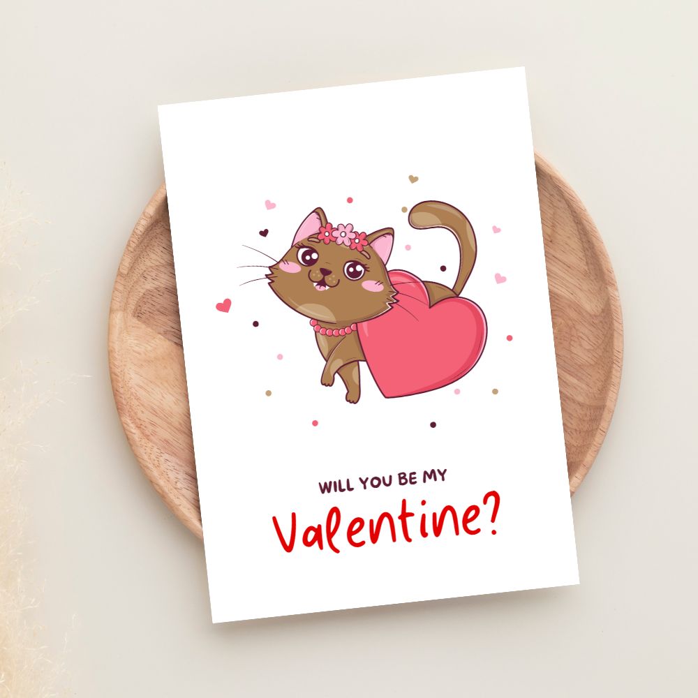 Will you be my Valentine greeting card featuring a cute cat holding a heart, sweet and playful Valentine card