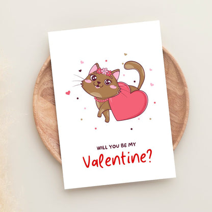 Will you be my Valentine greeting card featuring a cute cat holding a heart, sweet and playful Valentine card