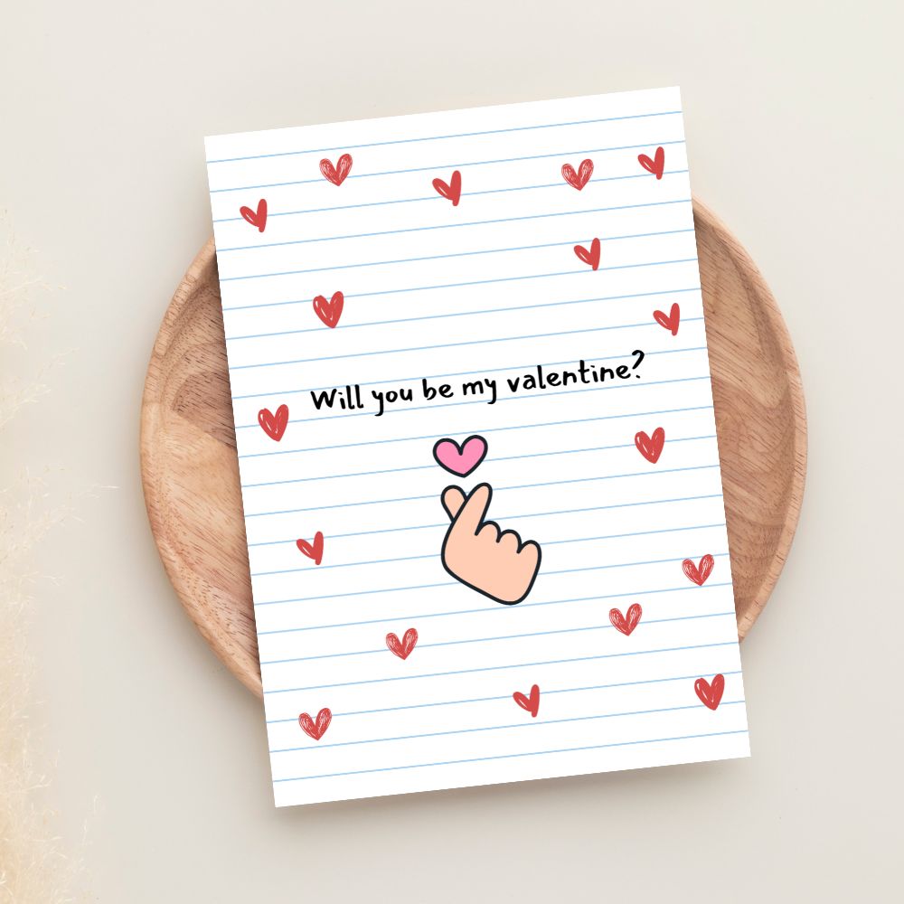 Will you be my Valentine greeting card with finger heart illustration and handwritten style hearts background