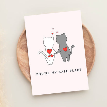 You’re My Safe Place greeting card with illustrated cat couple holding hands
